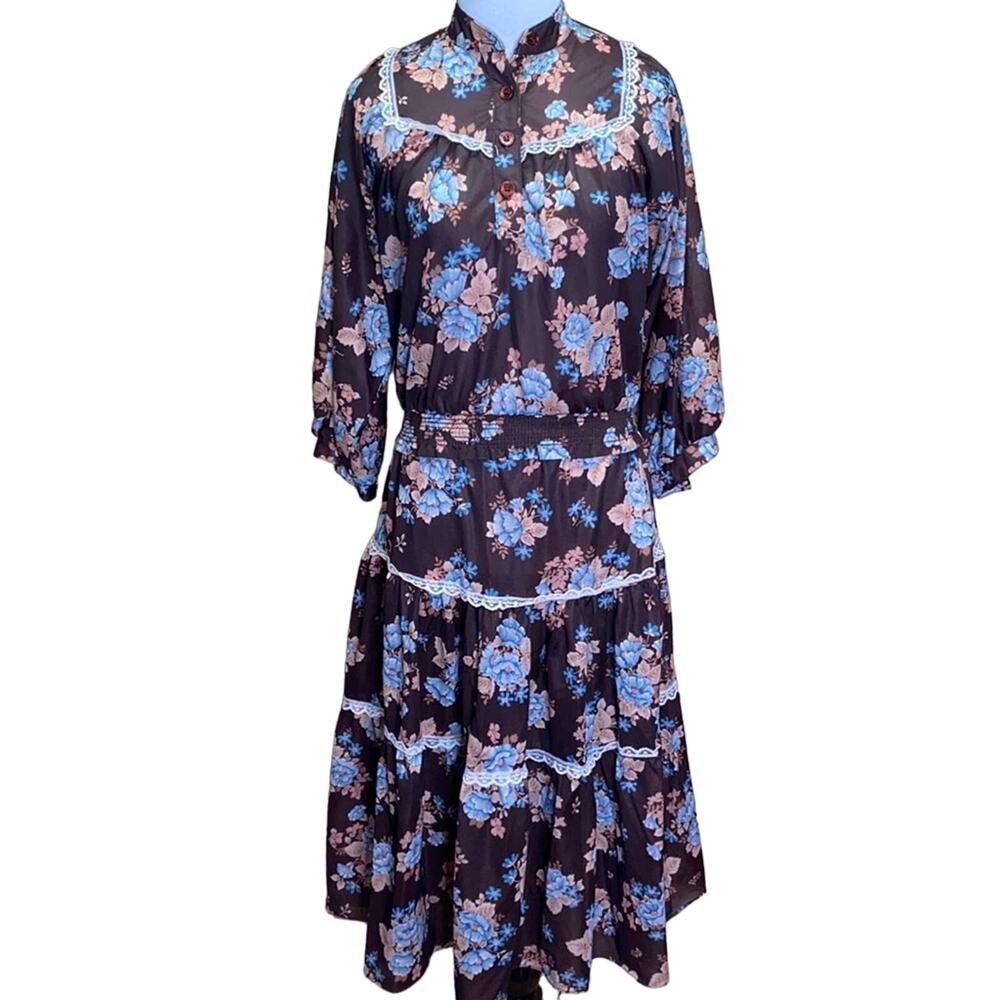 Vintage 70's 2 Piece Prairie Ruffle ace Floral Blouse & Skirt Size 6